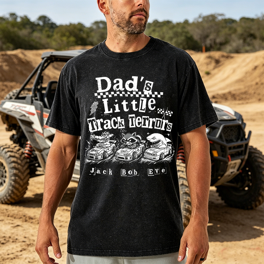Personalized Dad's Little Track Terrors T-Shirt, Custom Kid Names Animal Race Car Dad Tee