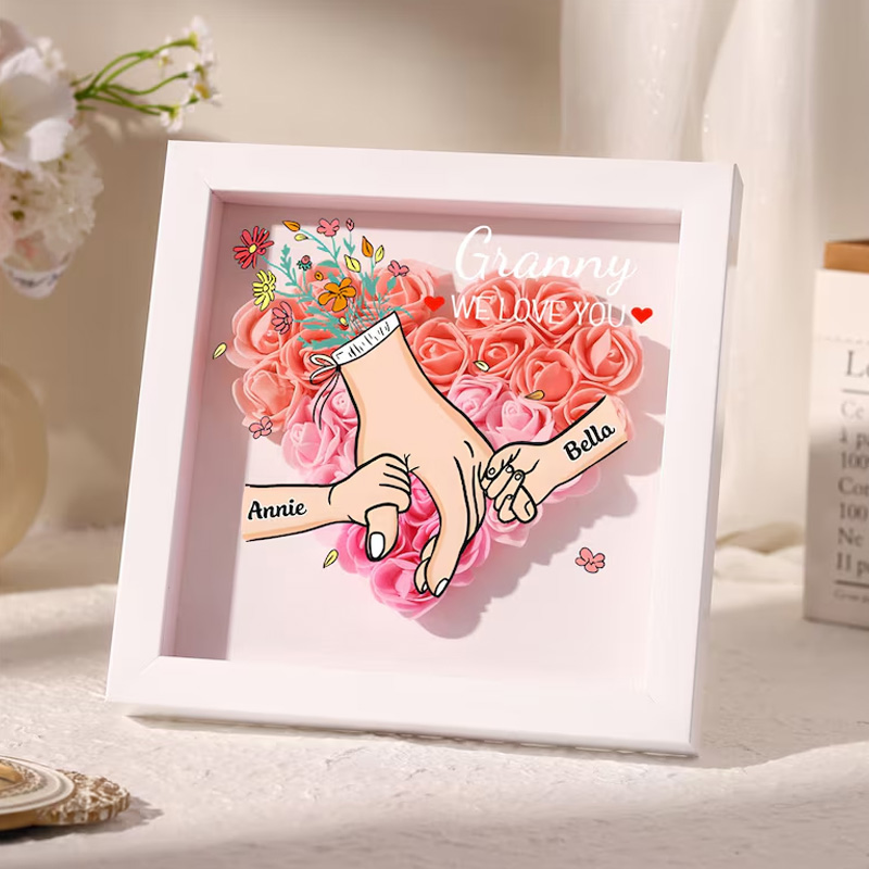 Personalized Rose Heart Shadow Box Hand Holding Frame with Kids Names Mothers Day Gift for Mummy