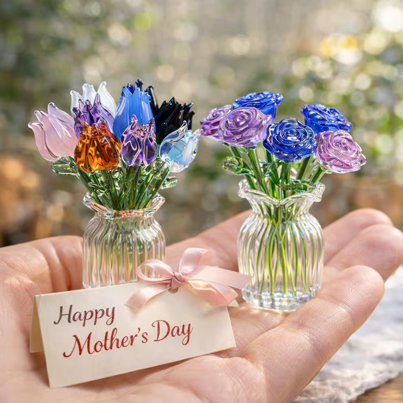 Personalized Glass Flower Bouquet for Mom Handmade Tulip & Rose Mix Mother’s Day Gift For Her Home Decor