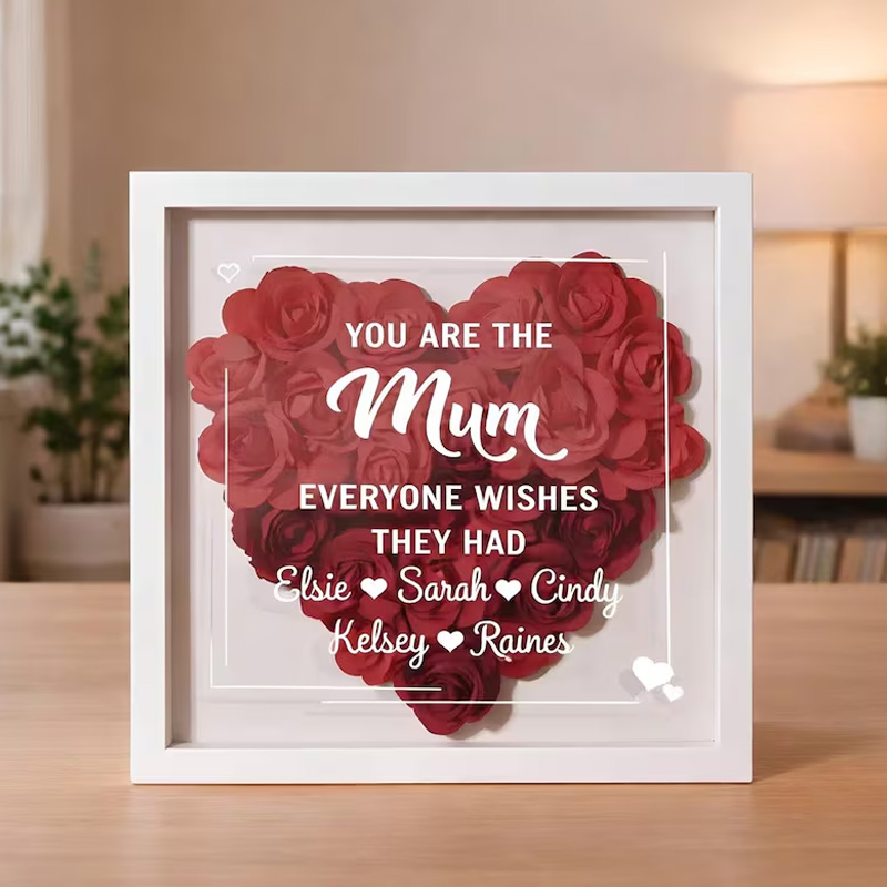 Personalized Mum Shadow Box Rose Heart Frame with Kids’ Names Family Name Keepsake Floral 3D Wall Art Mother’s Day Gift 