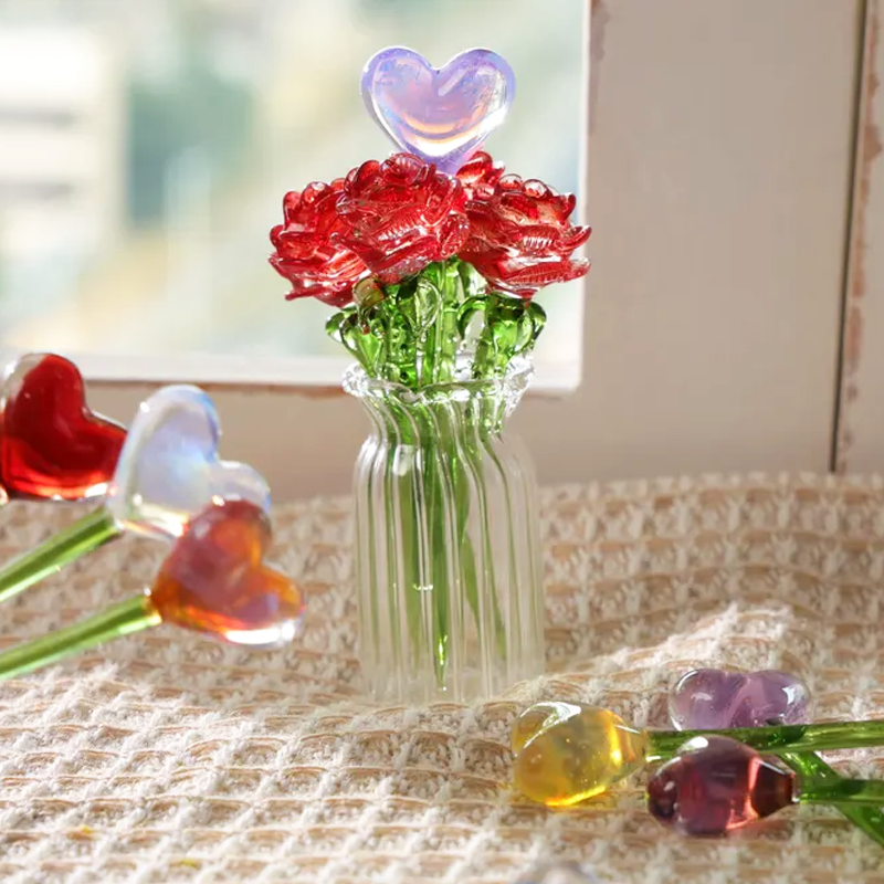 Hand Heart Blown Glass Flower Bouquet with Birth Month Heart & Birthstone – Topper Mother's Day Gift for Her