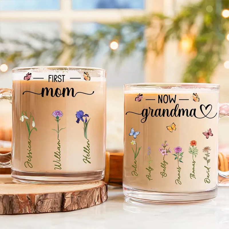 Personalized Glass Mug with Names and Flower Designs for Mom and Grandma Custom Gift for Mother’s Day or Family Occasion