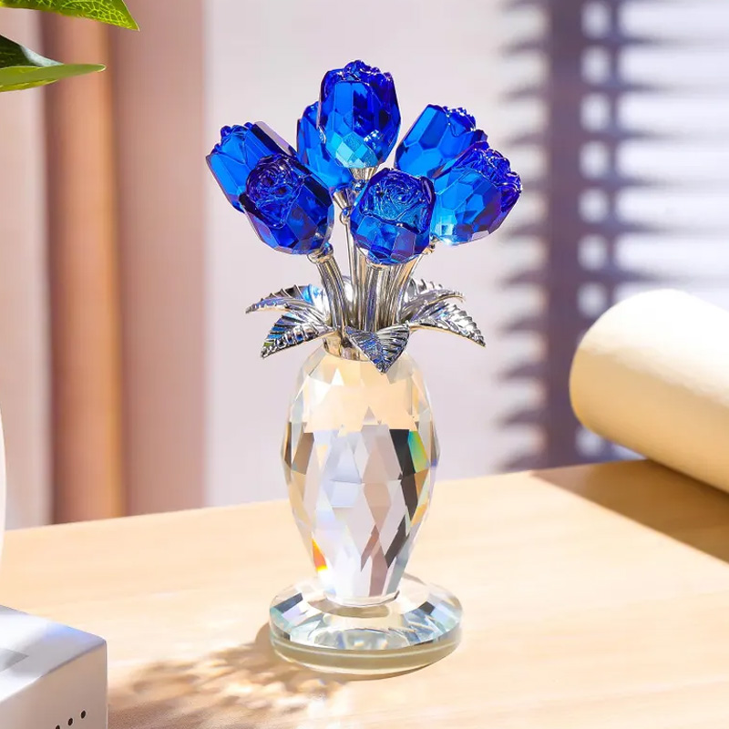 Elegant Blue Eternal Bloom Sparkling Decorative Home Gift Romantic Table Centerpiece Crystal Rose Flower Ornament Mother's Day Gift