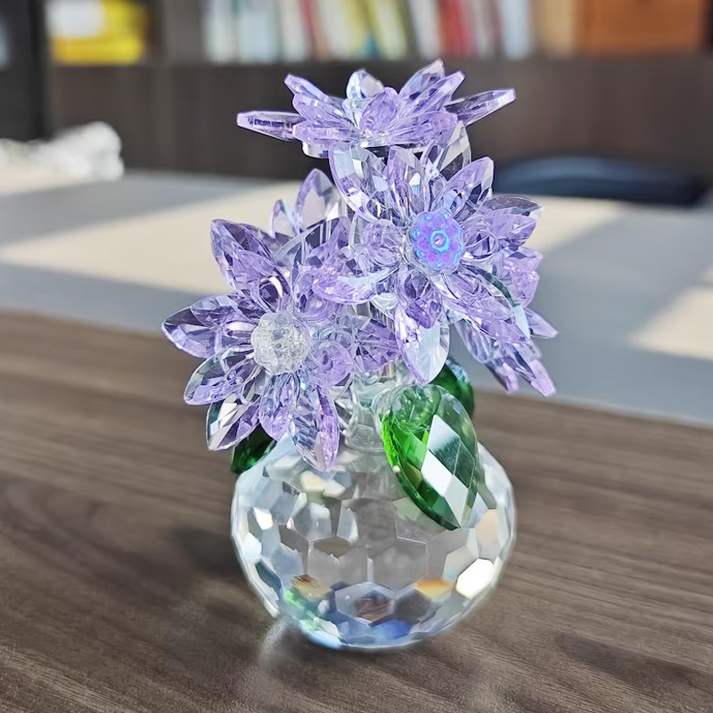 Purple Blossom Elegant Sparkling Decorative Home Table Centerpiece Gift Crystal Flower Ornament Gift for Mother