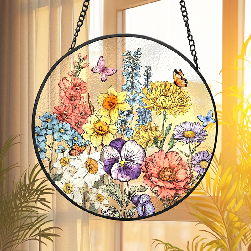 Personalized Stained Glass Style Family Birth Flower Suncatcher Sentimental Mother's Day Gift