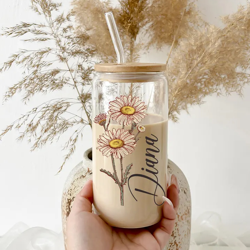 Personalized Birth Flower Glass Tumbler with Straw Custom Mother's Day Gift for Mom Bridesmaid Proposal, Party Favor, Gifts for Her