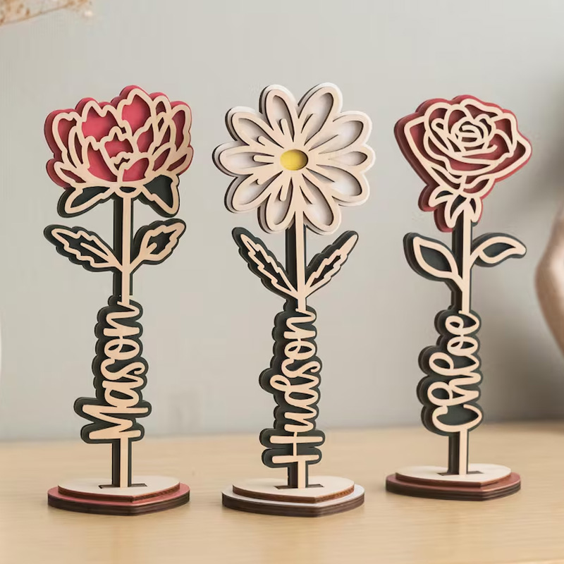 Personalized Custom Name Gift for Mom Kids Room Decoration Unique Handmade Art Piece Wooden Flower Stand For Table Decor