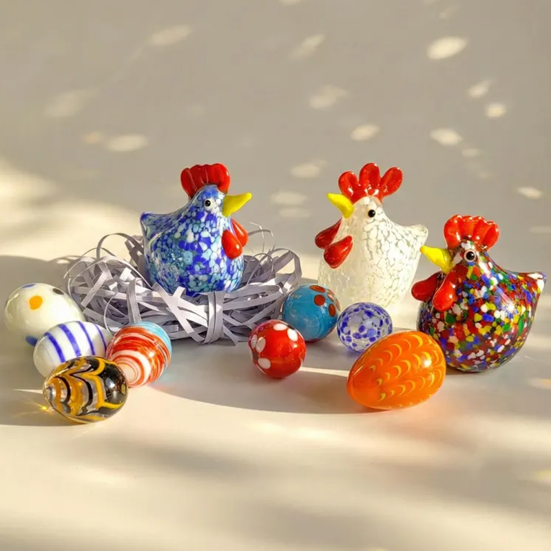 Hand Blown Glass Easter Egg Chicken Figurines Lampwork Rooster Sculpture Easter Basket Filler Miniature Glass Animal Cottagecore Decor