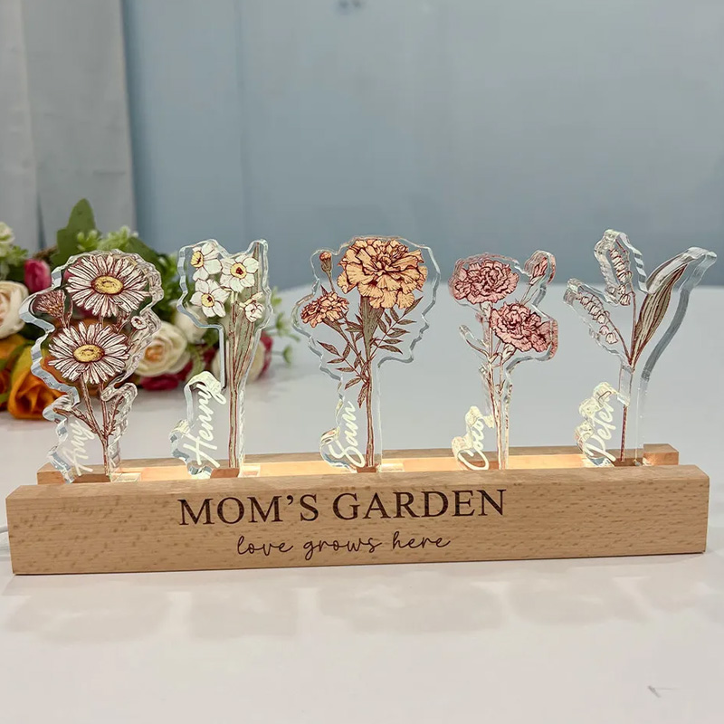 Personalized Mom's Garden Custom Birth Flower Shaped Plaque Light Base Gift For Grandma Nana