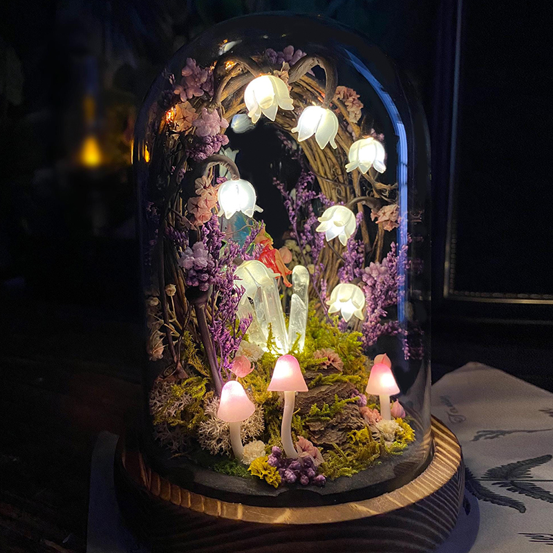 Personalized Enchanted Fairy Crystal Terrarium Lamp Lily of the Valley Night Light, Cute Mushroom Lamp Therapeutic Decor for Stress Relief & Mindfulness