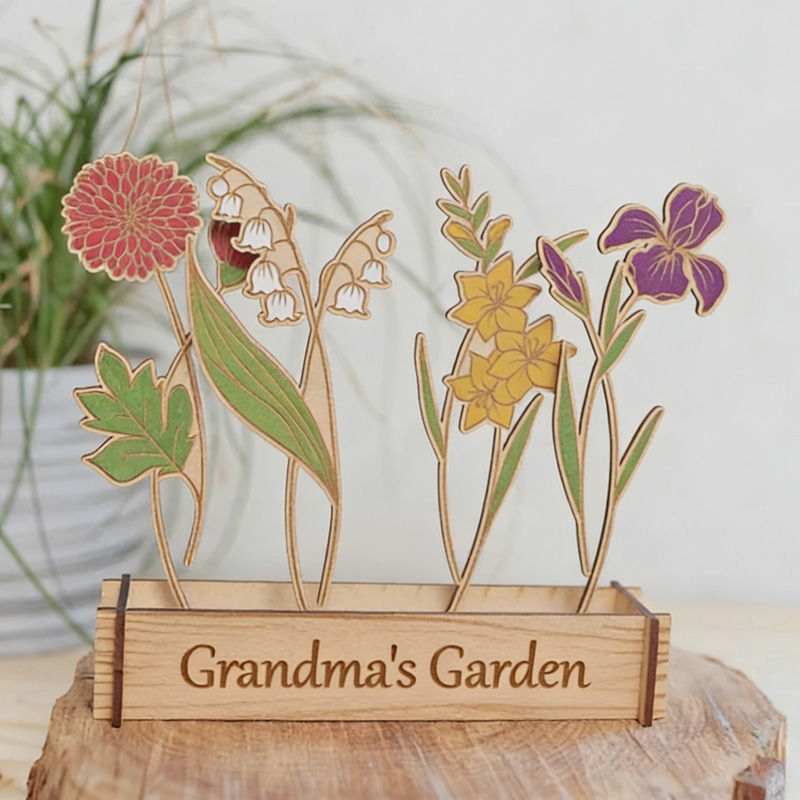Personalized Gift Custom Engraved Floral Ornament Handmade Family Keepsake Art Piece Wooden Flower Stand For Table Decor Mother's Day Gift