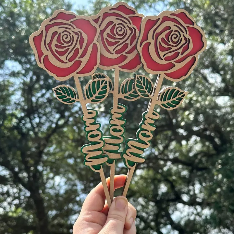 Personalized Custom Name Gift for Kids Handmade Wooden Rose Craft Mothers Day Present Wooden Flower Stand For Table Decor