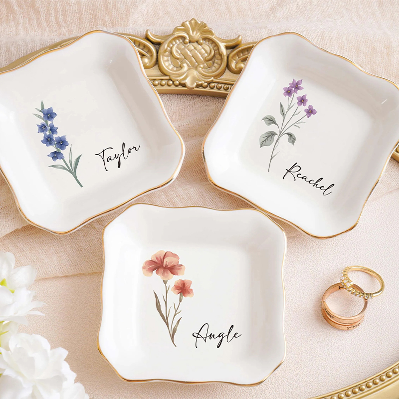 Personalized Birth Month Flower Jewelry Dish Bridesmaid Gifts Birthday Ring Dish Bridesmaid Proposal Birthday Gift for Her Mother’s Day