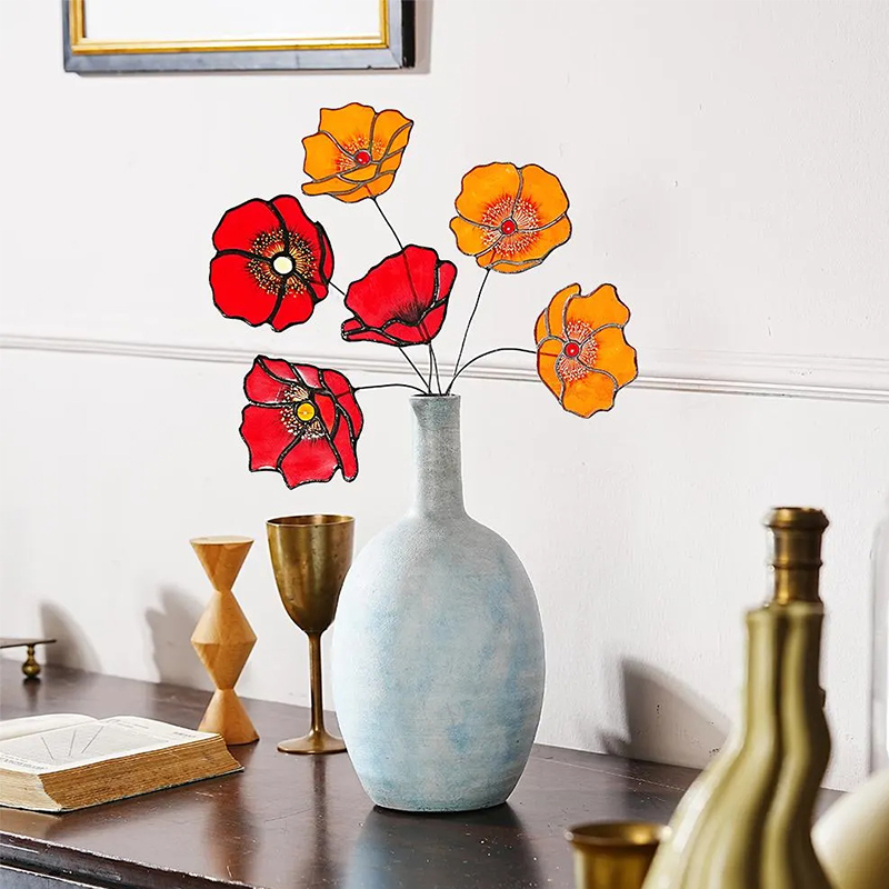 Personalized Stained Glass Poppy Bouquet  Custom Floral Art for Home Decor & Gift Giving for Flower Enthusiasts
