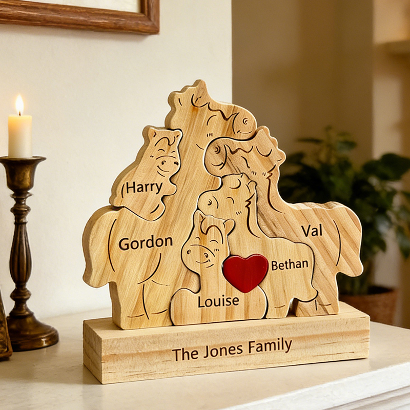 Personalized Wooden Horse Family Puzzle Custom Name Keepsake for Horse Enthusiasts & Families