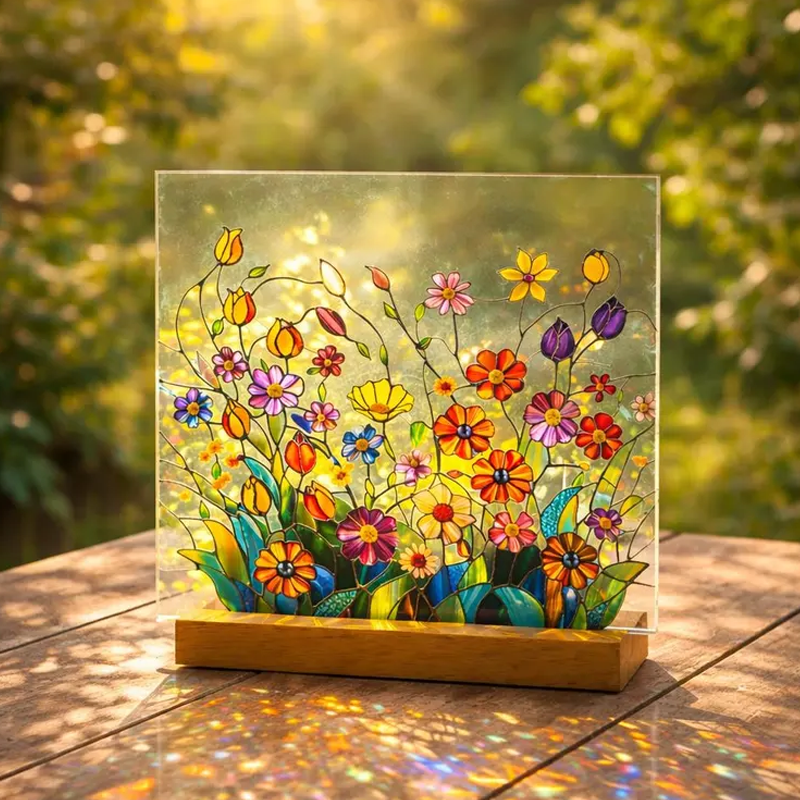 Botanical Flower Suncatcher Gift Pressed Flower Frame Style Stained Glass Window Hanging Handmade Sun Catcher Window Decor for Home