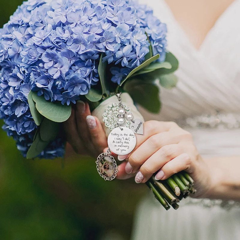 Personalized Lace Oval Photo Bouquet Charm with Heart Engraved Pendant Memorial Wedding Gift for Bride