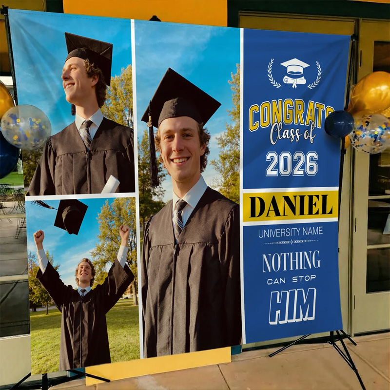 Personalized 3 Photos Multicolor Graduation Tapestry Banner with Name and Year Unique Graduation Party Gift for Graduates Families Friends