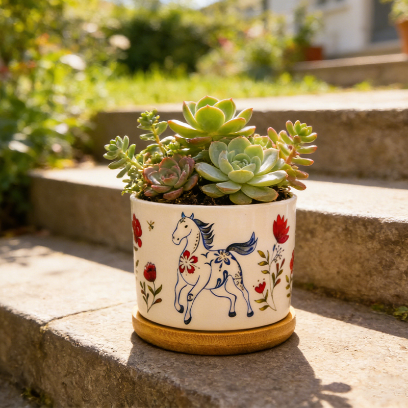 Personalized Hand Painted Style Planter Floral Horse Design Gift for Horse Lover Housewarming Gift Home Decor Birthday Gift 