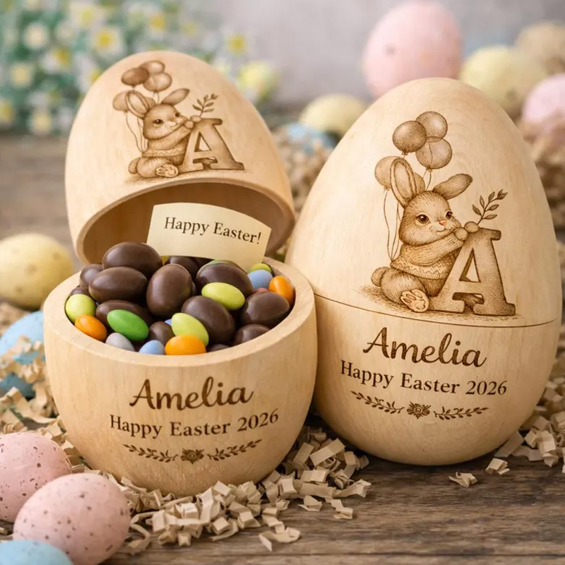 Personalized Engraved Bunny Initial Gift Custom Name Keepsake for Kids Holiday Decoration Collectible Fillable Wooden Easter Egg