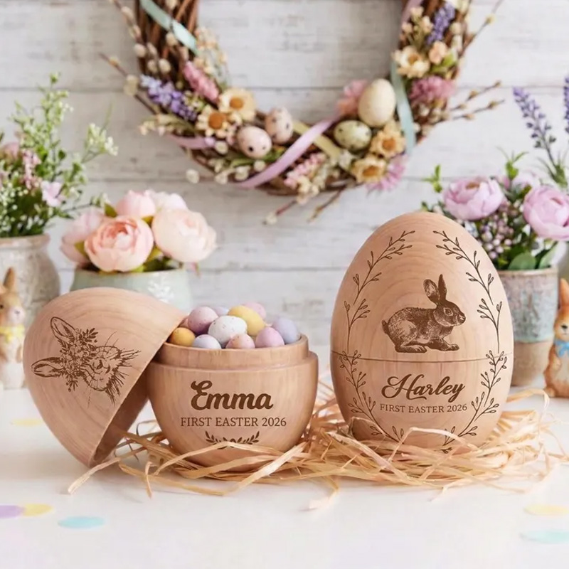 Personalized Custom Engraved Bunny Gift Name Keepsake Treat Box for Kids Easter Celebration Holiday Fillable Wooden Easter Egg