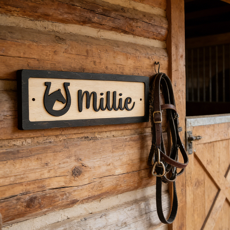 Personalized Horse Stall Name Sign Custom Wooden Stable Sign with Horseshoe and Horse Head for Equestrian Lovers