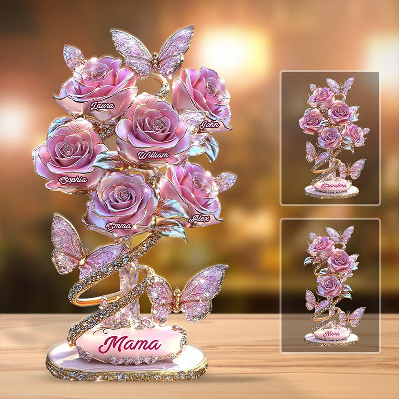 Personalized Colorful Rose Flower Butterfly Light Gift with Names for Mom Birthday Anniversary Personalized Mother Custom Shaped Acrylic Plaque