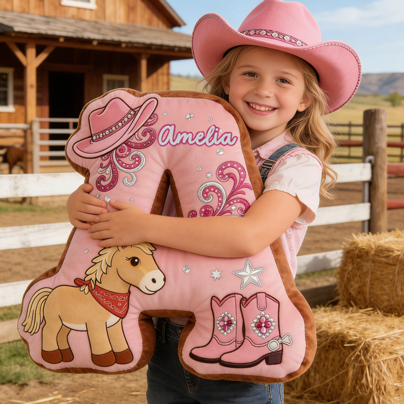 Personalized Cowgirl Western Horse Hat Boots Custom Name Kids Gift Bedroom Decoration 3D Print Pillow