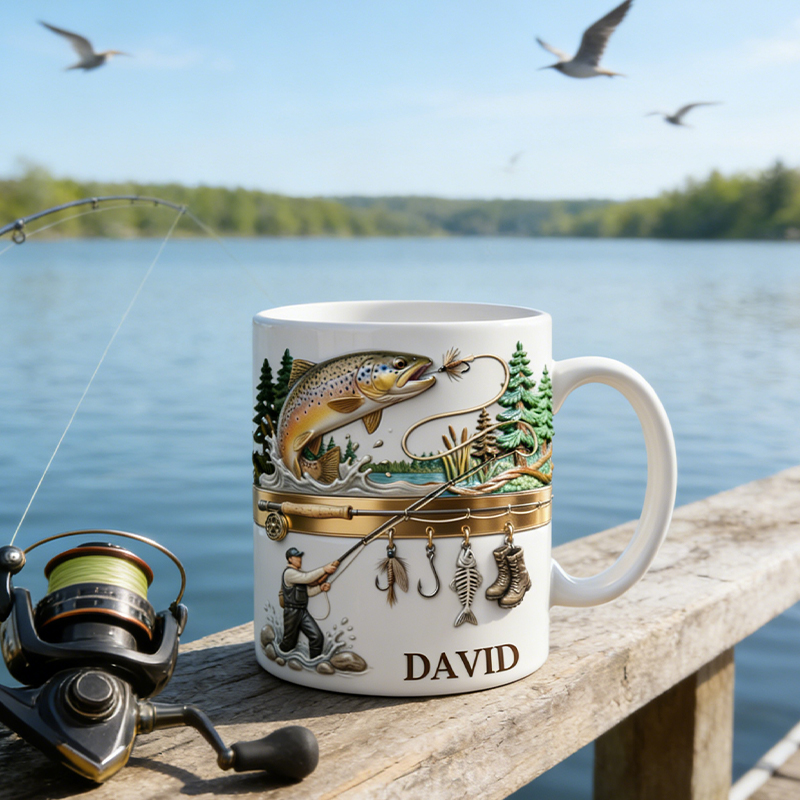 Personalized Fisherman and Fishing Gear Mug with Custom Name Tea Cup for Dad Grandpa or Fishing Lovers