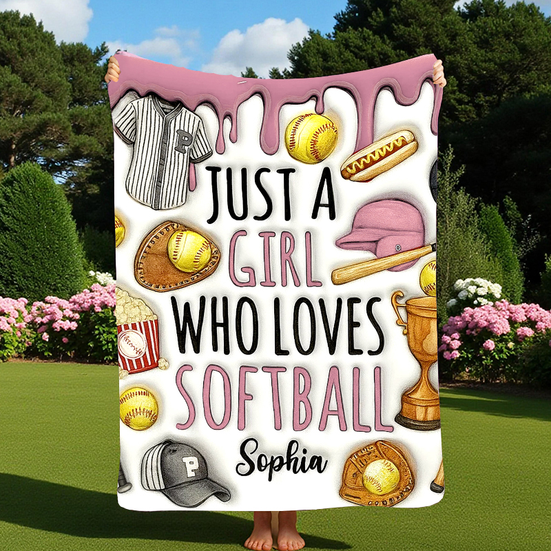 Personalized Softball Blanket with "Just a Girl Who Loves Softball" Design and Custom Name