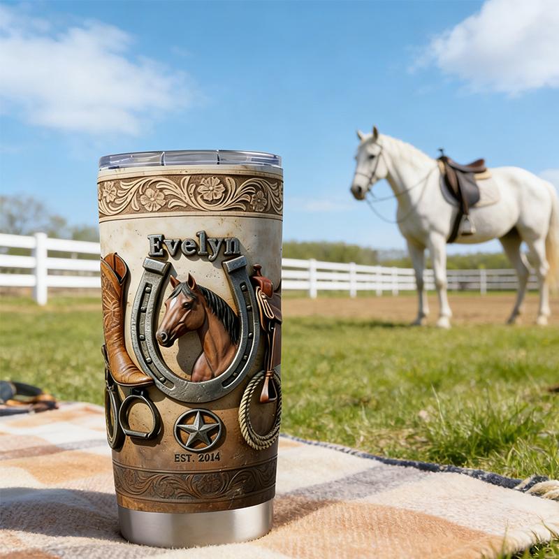 Personalized Cowboy Boot and Horse Tumbler Custom Name Insulated Tumbler for Horse Riders and Cowgirls