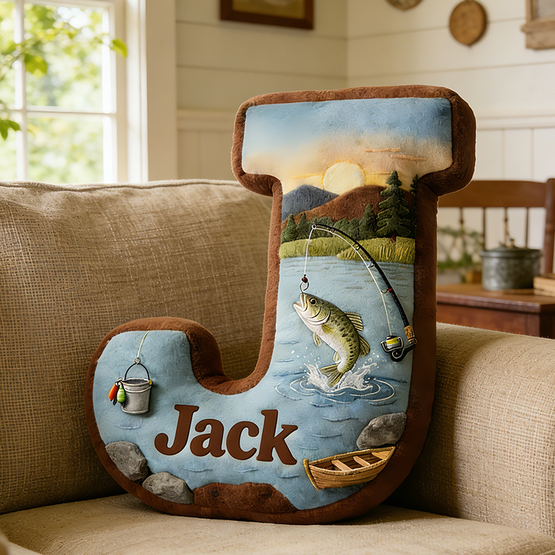 Personalized Fishing Letter Pillow with Custom Name Nature Themed Cushion for Outdoor and Fishing Lovers