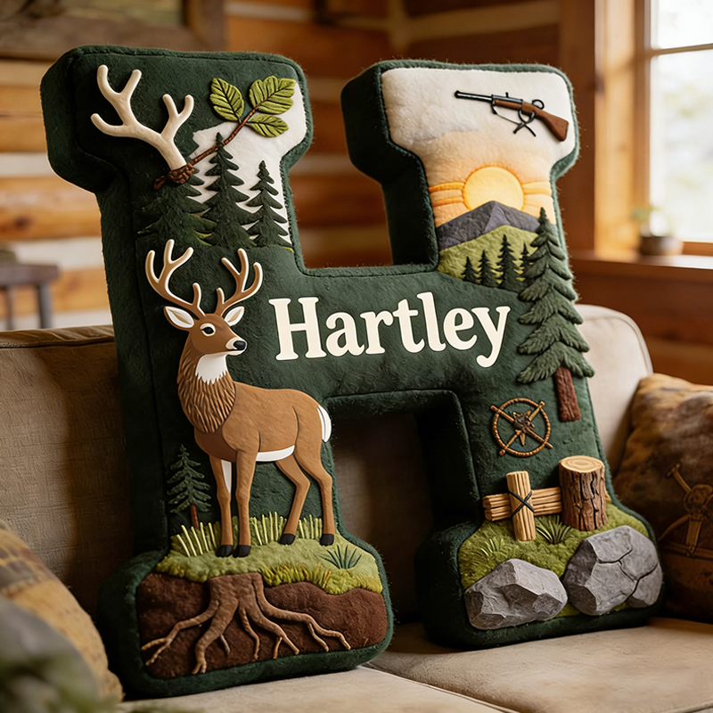 Personalized Initials Hunting Themed Pillow with Custom Name for Nature and Hunting Lovers