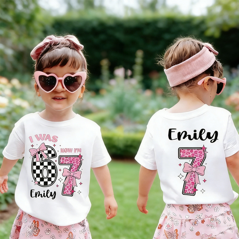 I Was 6 Now I'm 7 Girls Birthday Shirt with Name Funny 7th Turning Seven Meme Birthday Gift for Kids