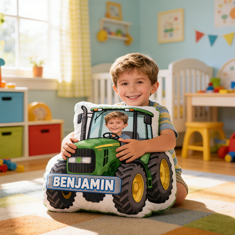 Personalized Tractor Pillow with Custom Name and Photo Cushion Gift for Kids 