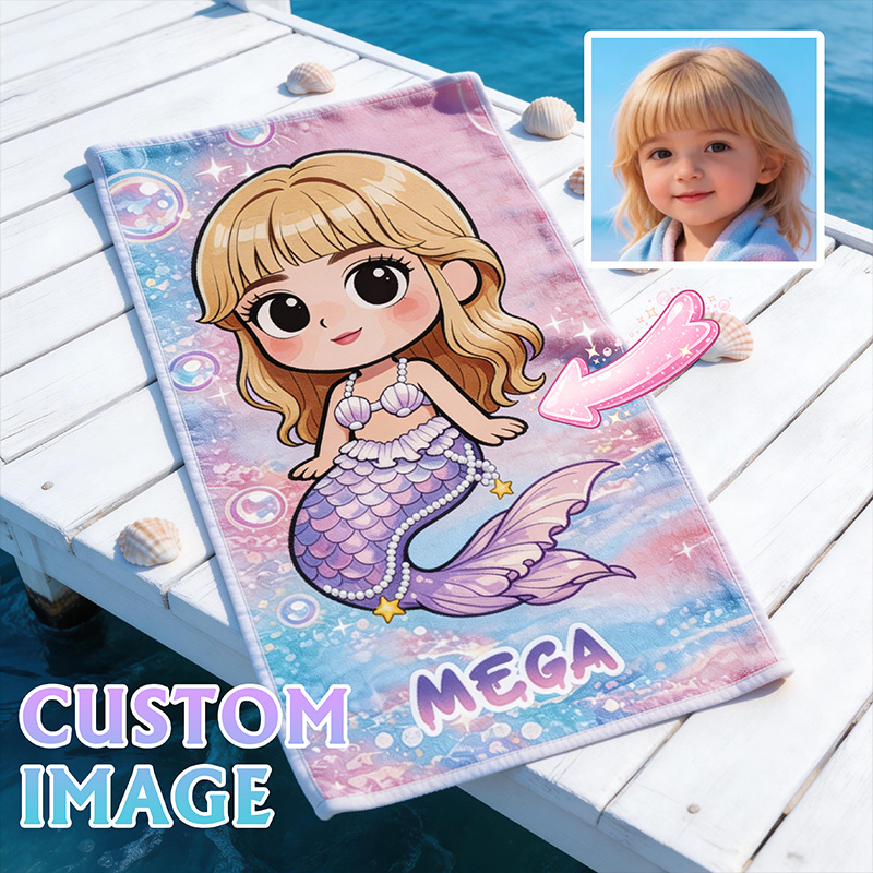 Personalized Cute Mermaid Cartoon Towel Custom Photo Kids Gift for Sum