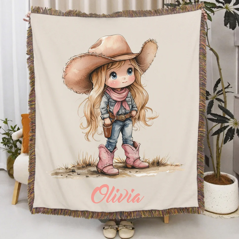 Personalized Cartoon Cowboy Cowgirl Tassel Soft Throw Blanket with Nam