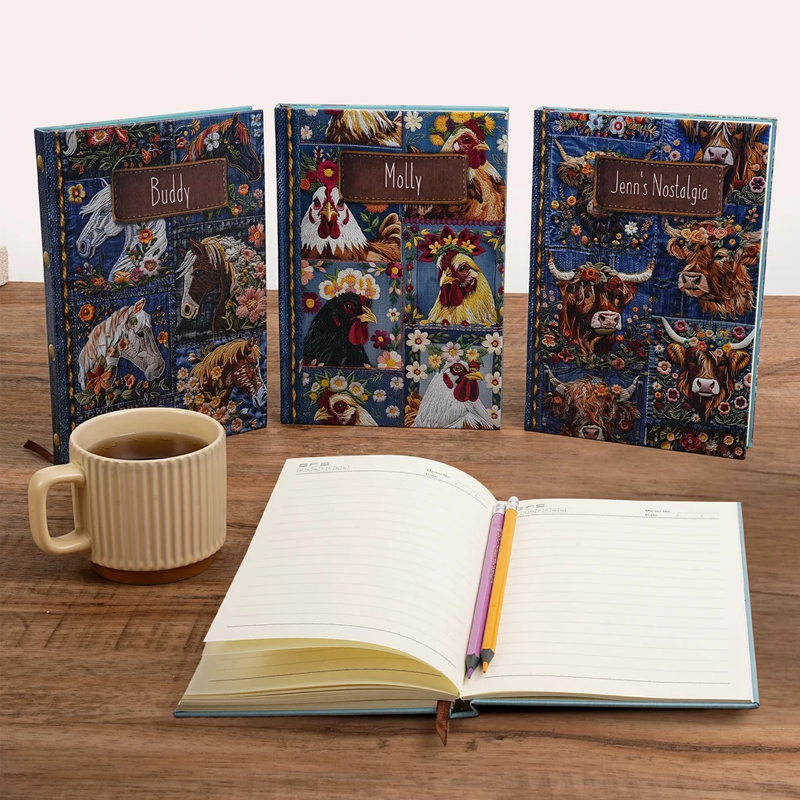 Personalized Faux Embroidered Horse Chicken Cow Flower Denim Journal Notebook with Text and 100 Lined Pages Daily Use Birthday Gift for Women