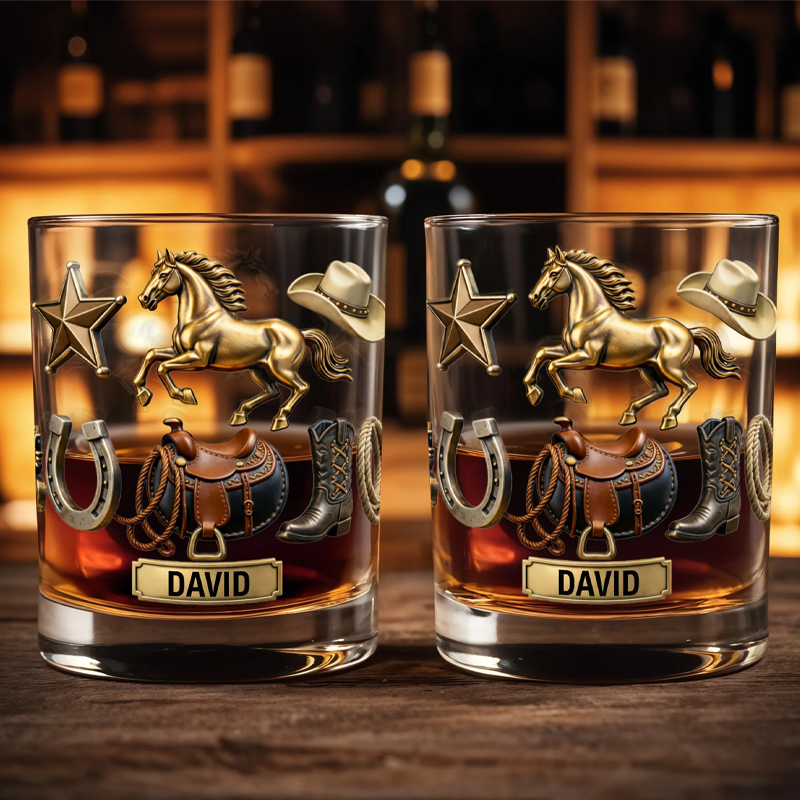 Personalized Classic Western Theme Horse and Cowboy Gear Personalized Custom Whiskey Glass Gift for Dad and Horse Lovers