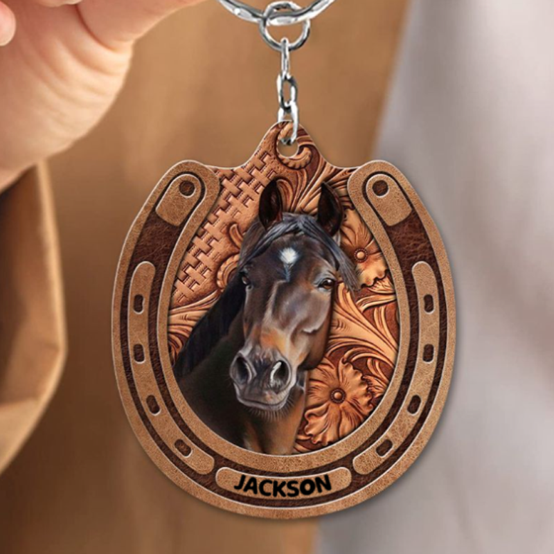 Personalized Love Horse Breeds Custom Name Leather Pattern Keychain Gift for Dad and Horse Lovers