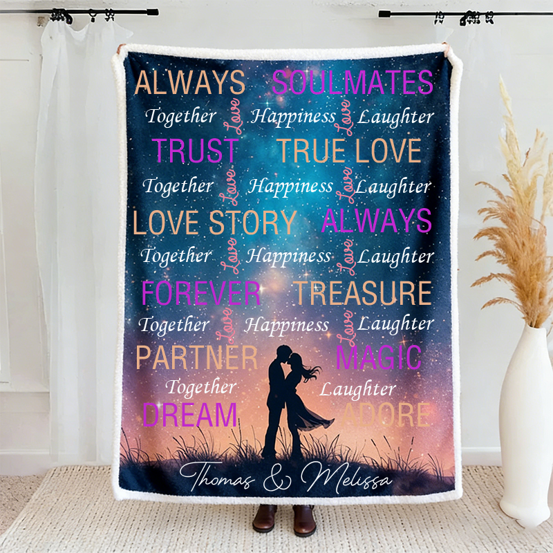 Personalized Couple Starry Sky Silhouette Blanket Valentine's Day Gift for Couple Cloud Word Blanket Love Story Blanket For Her