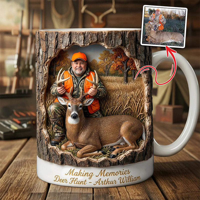 Personalized Hunting Scene Mug Custom Face Deer Hunt Present for Husband Dad Boyfriend