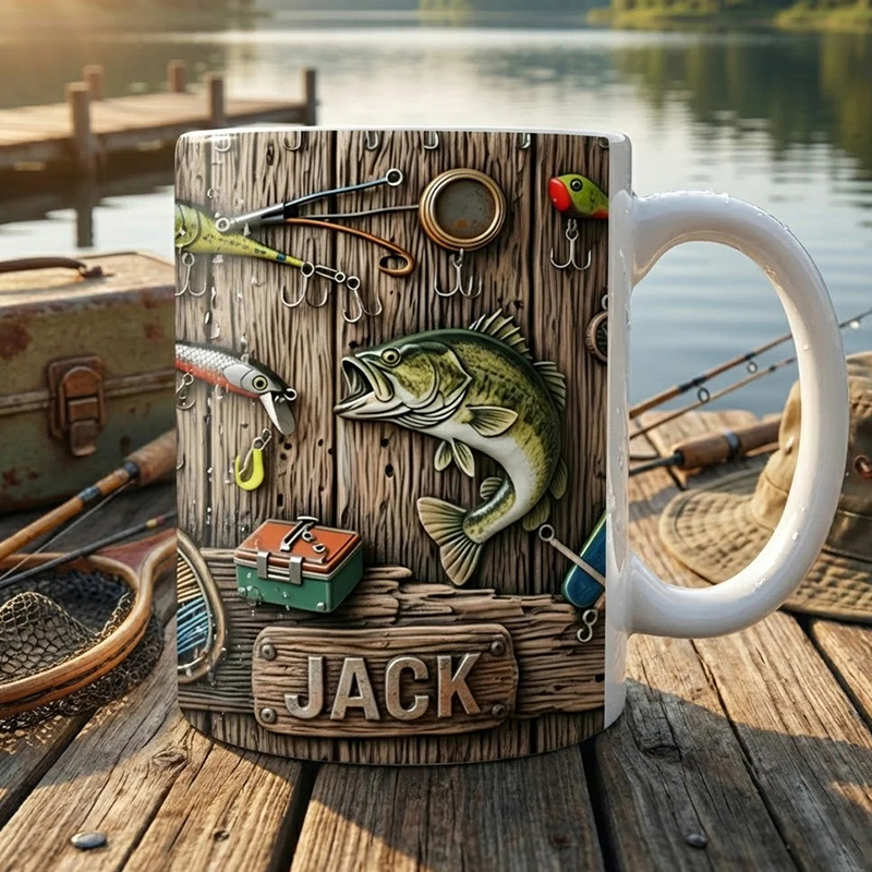 Personalized Fishing Mug Custom Wood Texture Lure Theme Ceramic Cup for Anglers  