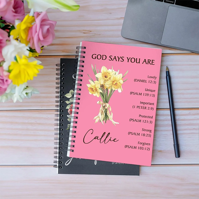 Personalized Birth Flower Bouquet Bible Verse A5 Spiral Notebook with Name Religious Baptism Gift Mother's Day Gift Birthday Gift for Christian Women
