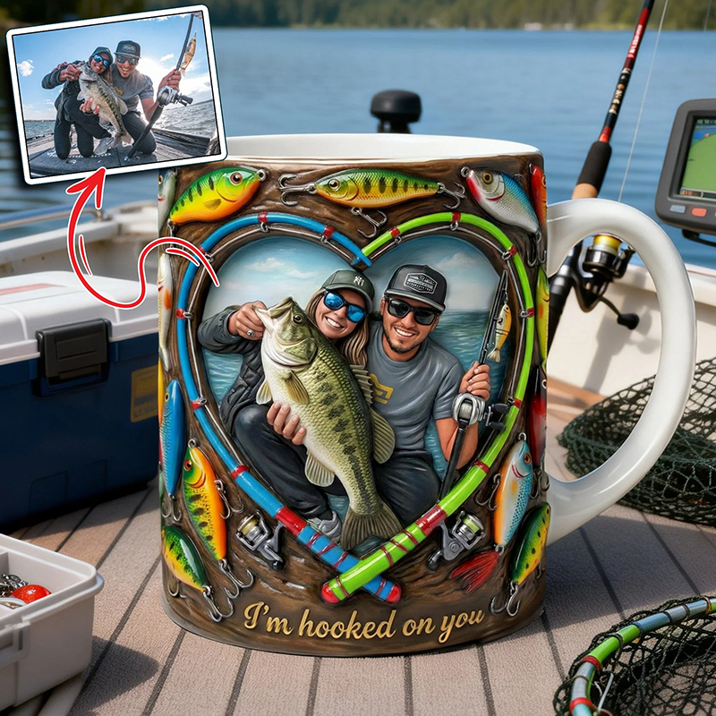 Personalized "I'm Hooked On You" Fishing Mug Custom Photo Gift for Angler Couples