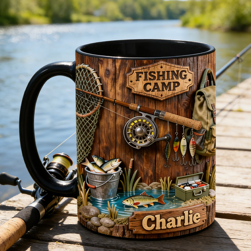 Personalized Fishing Camp Mug Custom Name Outdoor Coffee Cup for Anglers