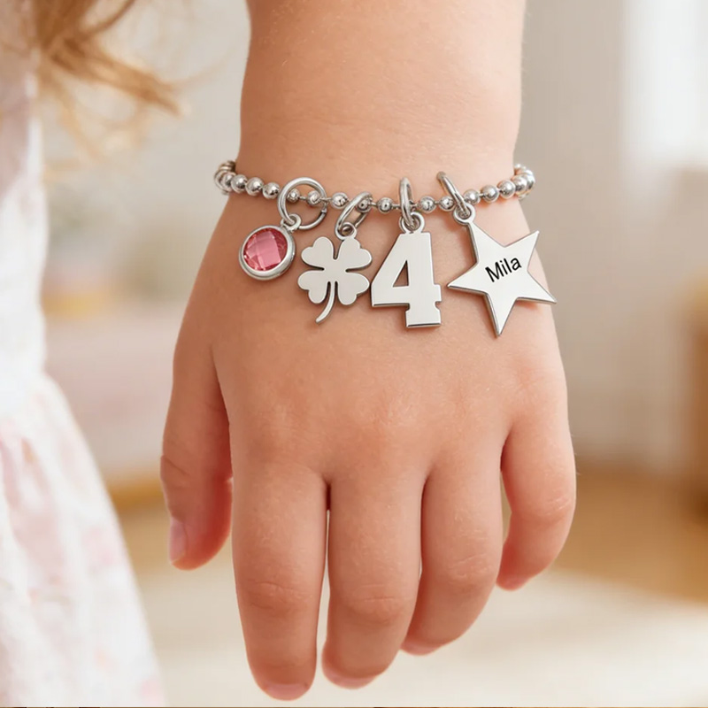 Personalized Lucky Star Heart Seahorse Ballerina Pendant Bead Chain Bracelet with Birthstone Number and Engraved Name Birthday Gift for Kids Girls