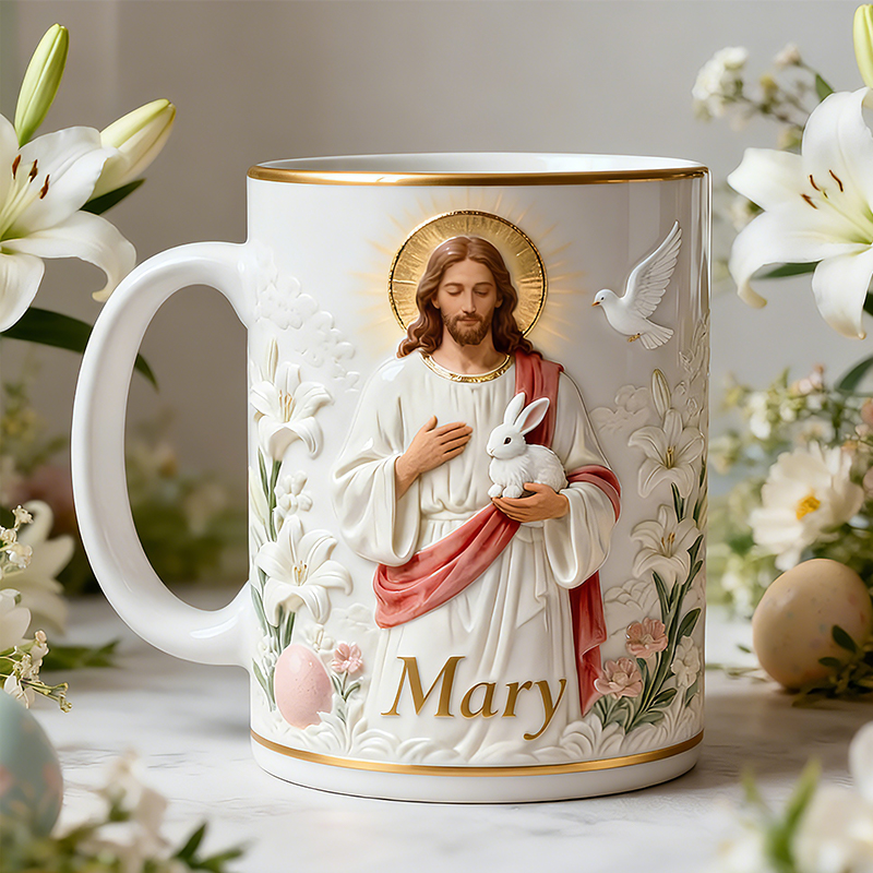 Personalized Jesus and Bunny Christian Easter Mug with Lily Floral Design Custom Name Gift for Religious Gift