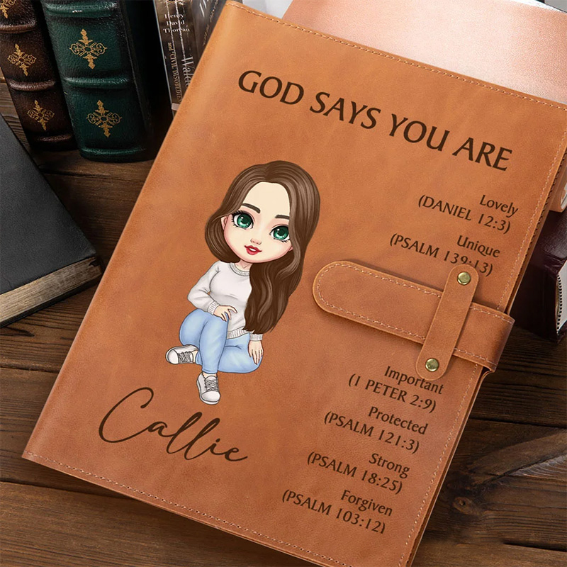 Personalized God Says You Are Cartoon Character A5 Leather Notebook Cover with Name Birthday Baptism Gift for Christian