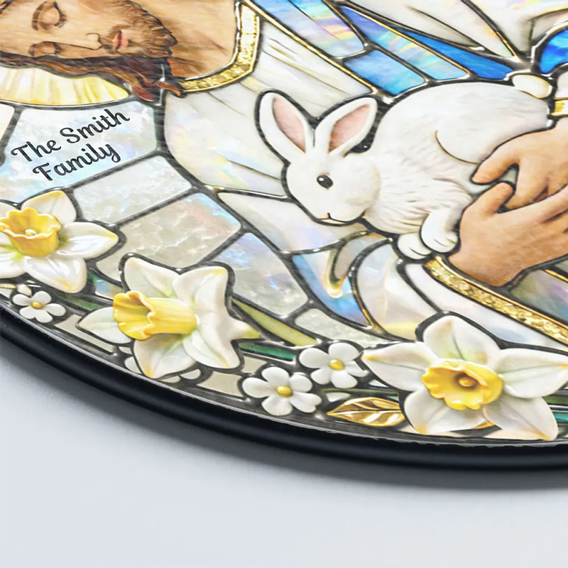 Personalized Christian Sun Catcher Jesus With Bunny Glass Suncatcher Ornament for Easter Window Display Unique Religious Gift